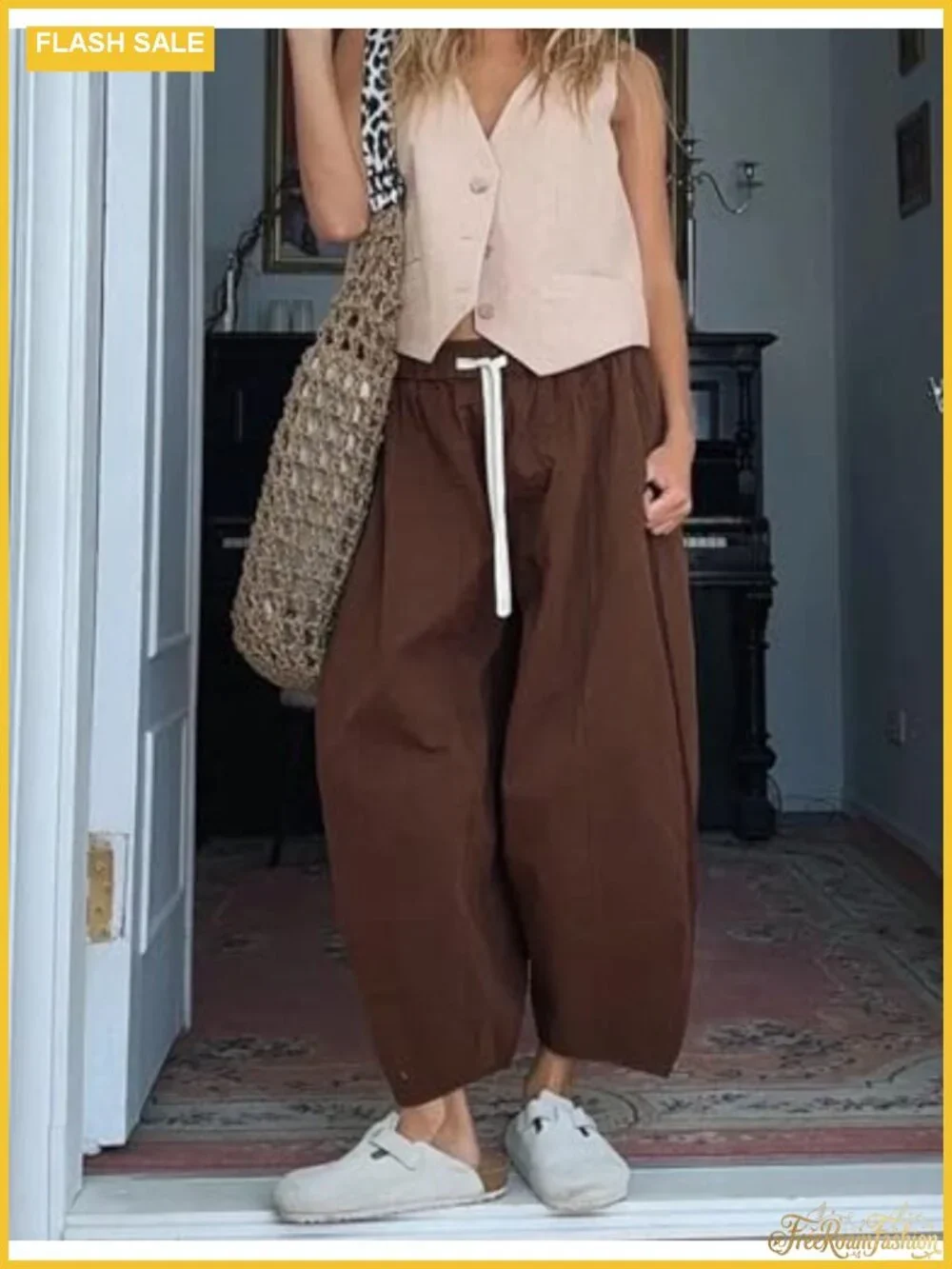 Womens Wide Leg Barrel Pants Drawstring Elastic Waist Cotton Casual